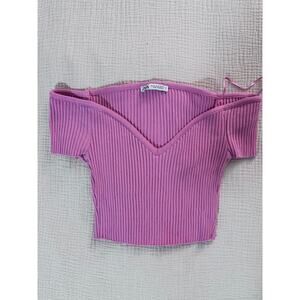 Zara Ribbed Off-Shoulder Sweetheart Knit Crop Top in Pink BarbieCore – Sz Medium